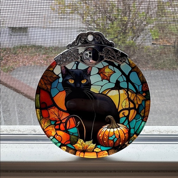 Stained Glass Black Cat & Pumpkin Suncatcher/Christmas Ornament - Picture 1 of 2
